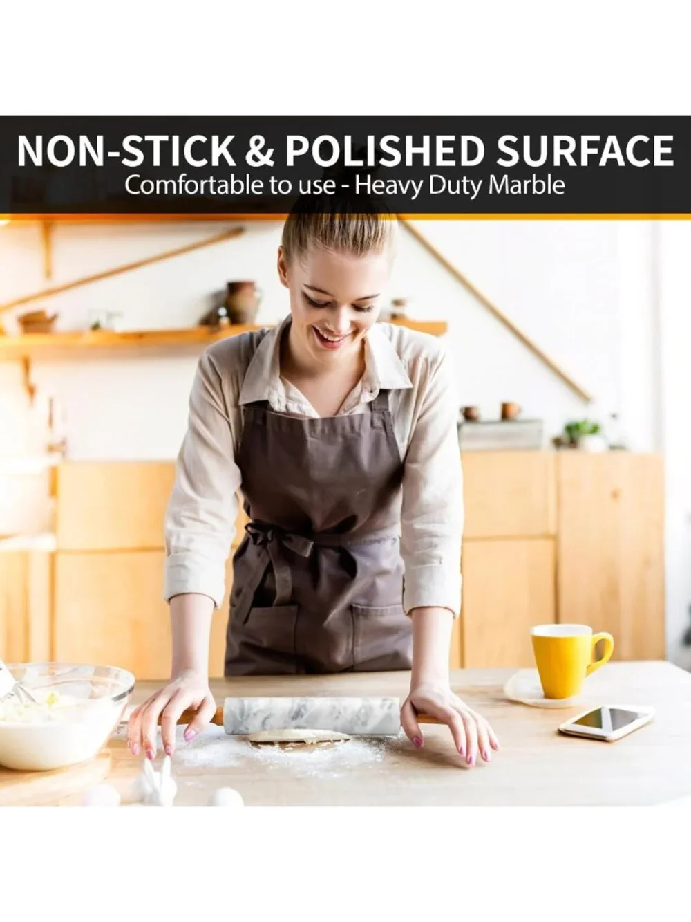 16.7” Marble Rolling Pin with Wooden Handles & Cradle - Perfect for Pizza